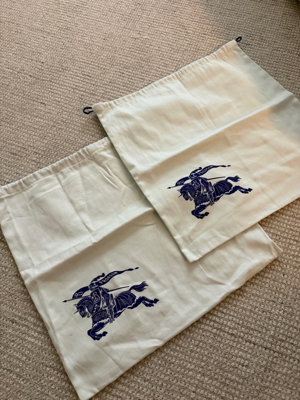 Embroidered Cavalier Drawstring Dust Bags - Cream with Navy Motif